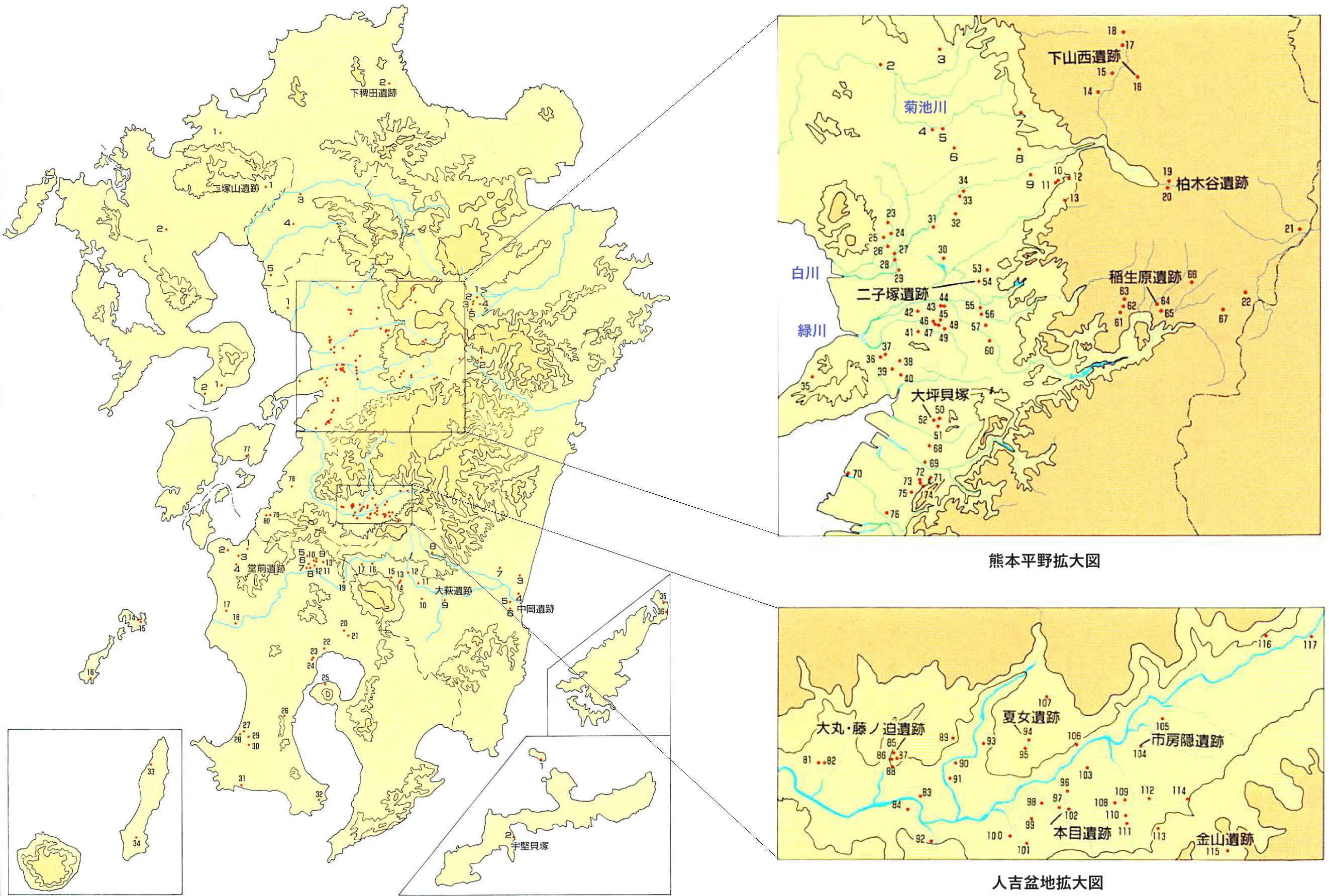 Distribution map of Menda-type pottery finds (Kumamoto Plain and Hitoyoshi Basin detail maps)