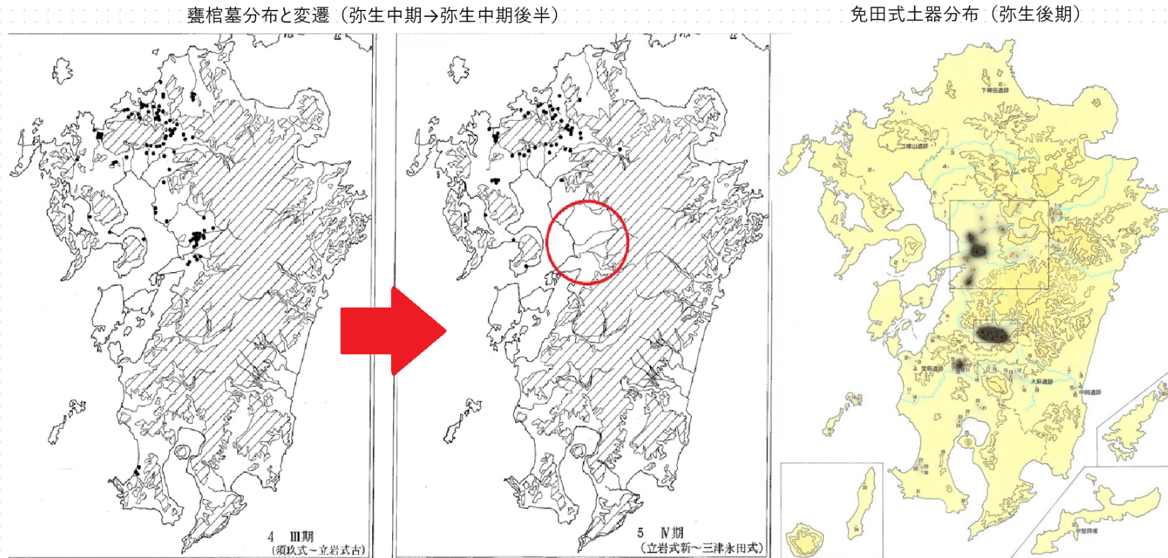 Transition of jar-burial distribution (Middle Yayoi Period III→IV) and Menda-type pottery distribution (Late Yayoi)